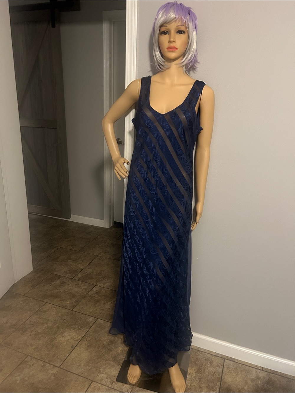 Vintage Victoria Navy Sheer Stripe Maxi Dress - Sleeveless Elegant Evening Gown